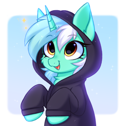 Size: 3000x3000 | Tagged: safe, artist:pesty_skillengton, lyra heartstrings, pony, unicorn, g4, chest fluff, clothes, cute, dig the swell hoodie, eyebrows, eyebrows visible through hair, female, high res, hoodie, horn, lyrabetes, mare, open mouth, open smile, smiling, solo, sparkles