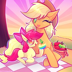Size: 2048x2048 | Tagged: safe, artist:qwennondeathdie, apple bloom, applejack, earth pony, pony, g4, adorabloom, apple, apple bloom's bow, apple sisters, applejack's hat, basket, bow, cowboy hat, cute, duo, duo female, female, filly, foal, food, hair bow, hat, herbivore, high res, jackabetes, looking at you, lying down, mare, one eye closed, open mouth, open smile, picnic, picnic basket, picnic blanket, prone, siblings, signature, sisters, smiling, smiling at you, wink, winking at you, zap apple
