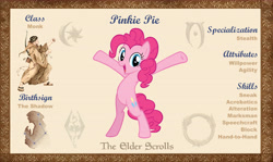 Size: 10100x6000 | Tagged: safe, artist:andoanimalia, artist:php170, pinkie pie, earth pony, pony, g4, absurd resolution, bio, female, looking at you, makeup, mare, morrowind, oblivion, reference sheet, skyrim, smiling, smiling at you, solo, standing on two hooves, the elder scrolls, the elder scrolls: equestria, vector