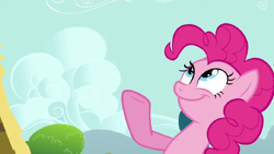 Size: 1366x768 | Tagged: safe, screencap, pinkie pie, earth pony, pony, a friend in deed, g4, season 2, blue eyes, female, grin, happy, hooves, look what pinkie found, looking up, mare, meme, meme origin, pink coat, pink fur, pink hair, pink mane, sky, smiling, solo