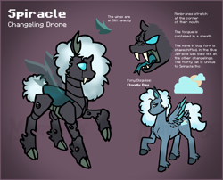Size: 2017x1633 | Tagged: safe, artist:manticorpse, oc, oc:cloudy day, oc:spiracle, changeling, insect, pegasus, pony, blue eyes, changeling oc, character design, cloven hooves, cutie mark, disguise, fangs, feathered fetlocks, fluffy mane, folded wings, forked tongue, holes, insect wings, reference sheet, solo, transparent wings, white mane, wings