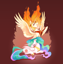 Size: 3879x3951 | Tagged: safe, artist:anotherdeadrat, daybreaker, princess celestia, alicorn, pony, g4, armor, crown, duality, duo, female, high res, hoof shoes, jewelry, mane of fire, mare, regalia, spread wings, wings
