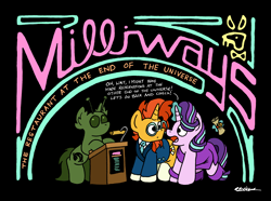 Size: 2562x1902 | Tagged: safe, artist:bobthedalek, starlight glimmer, sunburst, alien, pony, unicorn, g4, atg 2023, bipedal, bipedal leaning, black background, clothes, crossover, dialogue, dress, female, glowing, glowing horn, hitchhiker's guide to the galaxy, horn, leaning, lectern, levitation, magic, male, mare, newbie artist training grounds, scroll, ship:starburst, shipping, simple background, stallion, straight, suit, telekinesis