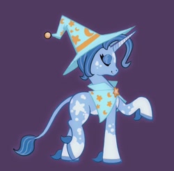 Size: 888x871 | Tagged: safe, artist:mossyfig, trixie, pony, unicorn, g4, alternate universe, body freckles, cape, clothes, coat markings, colored fetlocks, colored hooves, crescent moon, dappled, eyes closed, eyeshadow, facial markings, freckles, hat, leonine tail, makeup, moon, pale belly, purple background, raised hoof, redesign, simple background, smiling, socks (coat markings), solo, star (coat marking), stars, tail, white belly, wizard hat