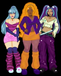 Size: 1059x1324 | Tagged: safe, artist:serawtf21, adagio dazzle, aria blaze, sonata dusk, human, g4, belly button, belly piercing, belt, black background, boots, clothes, dark skin, denim, ear piercing, earring, eyeshadow, female, gem, grin, high heel boots, humanized, jeans, jewelry, leg warmers, lipstick, makeup, midriff, miniskirt, nail polish, necklace, nose piercing, nose ring, pants, piercing, shirt, shoes, simple background, siren gem, skirt, smiling, stockings, the dazzlings, thigh highs, thigh socks, trio