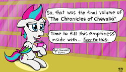Size: 1400x800 | Tagged: safe, artist:ebbysharp, zipp storm, pegasus, pony, g5, atg 2023, book, chronicles of chevalia, dialogue, female, floppy ears, folded wings, holding, mare, newbie artist training grounds, open mouth, sitting, solo, speech bubble, that pony sure does love chocolate, wings