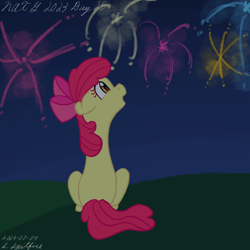 Size: 1280x1280 | Tagged: safe, artist:gosupermarinespitfire, apple bloom, earth pony, pony, g4, atg 2023, female, filly, fireworks, foal, newbie artist training grounds, solo