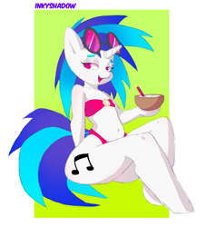 Size: 1227x1353 | Tagged: safe, artist:inkyshadow, dj pon-3, vinyl scratch, unicorn, semi-anthro, g4, arm hooves, bikini, clothes, coconut cup, female, gradient background, signature, solo, swimsuit