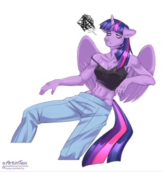 Size: 1211x1280 | Tagged: safe, artist:artintess, part of a set, twilight sparkle, alicorn, anthro, g4, bags under eyes, belly button, breasts, cleavage, clothes, denim, emanata, female, floppy ears, jeans, mare, midriff, pants, simple background, solo, tired, twilight sparkle (alicorn), white background