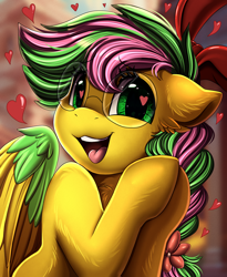 Size: 1446x1764 | Tagged: safe, artist:pridark, oc, oc only, oc:biolachan breeze, pegasus, pony, braid, bust, commission, female, glasses, happy, heart, heart eyes, hooves together, looking at you, mare, open mouth, pegasus oc, portrait, solo, wingding eyes