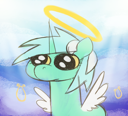 Size: 1640x1490 | Tagged: safe, artist:t72b, lyra heartstrings, angel, pony, unicorn, g4, female, halo, heaven, mare, numget, sky, solo, style emulation, wings