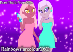 Size: 1536x1080 | Tagged: safe, artist:rainbowstarcolour262, oc, oc only, oc:taffycoat, oc:zina pearl, human, equestria girls, g4, bare shoulders, bottle, breasts, busty taffycoat, busty zina pearl, cleavage, clothes, draw this in your style, dress, duo, duo female, ear piercing, earring, eyeshadow, female, gradient background, jewelry, makeup, necklace, pearl necklace, piercing, pink dress, purple eyes, siblings, signature, sisters, smug, strapless, strapless dress, water bottle, yellow eyes