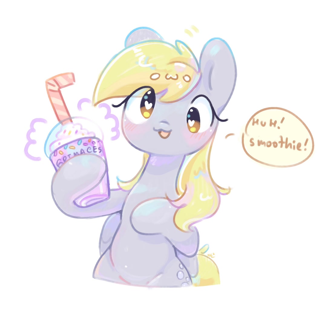 [cute,derpy hooves,dialogue,drink,female,heart,heart eyes,looking at you,mare,meme,milkshake,open mouth,pegasus,pony,safe,simple background,solo,speech bubble,talking to viewer,white background,wingding eyes,derpabetes,this will not end well,smiling,hoof hold,smiling at you,owo,mcdonald's,open smile,artist:bubbletea,grimace shake]