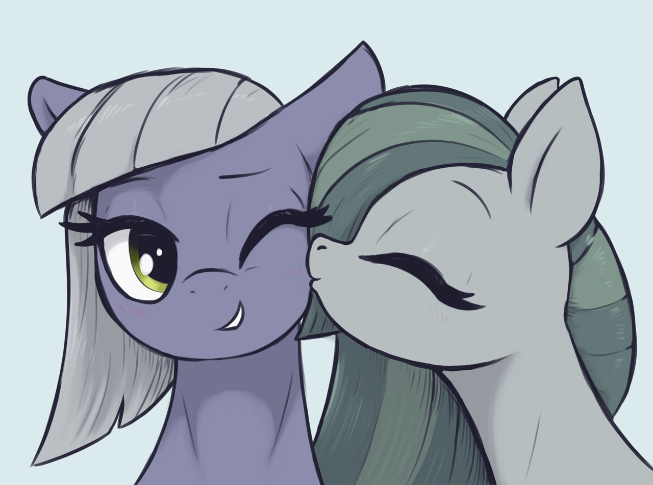 [cheek kiss,earth pony,eyes closed,female,floppy ears,grin,kissing,mare,pony,safe,siblings,simple background,sisters,one eye closed,limestone pie,marble pie,smiling,artist:t72b]
