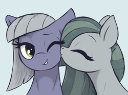 Size: 3000x2230 | Tagged: safe, artist:t72b, limestone pie, marble pie, earth pony, pony, g4, cheek kiss, cute, daaaaaaaaaaaw, duo, eyes closed, female, floppy ears, grin, high res, kissing, limabetes, marblebetes, mare, one eye closed, pie sisters, platonic kiss, sibling love, siblings, simple background, sisterly love, sisters, smiling, when she smiles