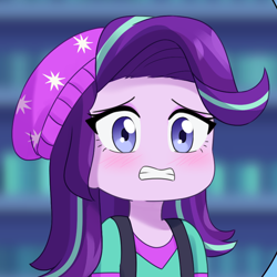 Size: 750x750 | Tagged: safe, artist:riouku, starlight glimmer, human, equestria girls, g4, beanie, blushing, clothes, commission, cropped porn, female, gritted teeth, hat, sad, shirt, solo, t-shirt, teeth, vest