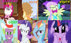 Size: 584x350 | Tagged: safe, artist:mlpfan3991, edit, edited screencap, screencap, applejack, fluttershy, pinkie pie, rainbow dash, rarity, spike, twilight sparkle, dragon, earth pony, pegasus, pony, unicorn, dragon dropped, dragonshy, g4, lesson zero, season 1, season 2, season 3, season 9, secret of my excess, swarm of the century, the best night ever, the crystal empire, arrogance, clothes, crossed hooves, dress, female, floppy ears, flutterrage, frown, gala dress, male, mane seven, mane six, mare, salute, seven deadly sins, sin of envy, sin of gluttony, sin of greed, sin of lust, sin of pride, sin of sloth, sin of wrath, unicorn twilight