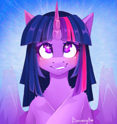 Size: 1867x1974 | Tagged: safe, alternate version, artist:buvanybu, twilight sparkle, alicorn, pony, g4, blushing, cute, cute little fangs, fangs, female, looking up, mare, partially open wings, signature, smiling, solo, twilight sparkle (alicorn), wingding eyes, wings