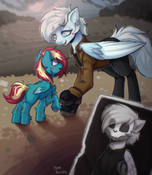 Size: 2892x3336 | Tagged: safe, artist:yumkandie, oc, oc only, oc:polar vortex, pegasus, pony, ashes town, fallout equestria, black and white, blank flank, blue coat, blue eyes, checkered past, cute, dark past, dirt, dirty, eyebrows, eyebrows visible through hair, fallout equestria oc, female, filly, foal, germany oneesan meme, grayscale, high res, meme, multicolored hair, photo, skull, skull mask, slaver, smiling, u-turn, u-turn marauder, white mane, wings