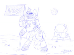 Size: 1024x768 | Tagged: safe, artist:novaintellus, princess luna, alicorn, pony, g4, astronaut, flag, monochrome, moon, on the moon, solo, spacesuit