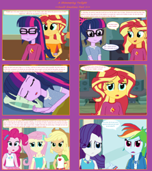 Size: 1808x2039 | Tagged: safe, artist:thomaszoey3000, applejack, fluttershy, pinkie pie, rainbow dash, rarity, sci-twi, sunset shimmer, twilight sparkle, human, comic:a shimmering twilight, equestria girls, equestria girls series, g4, angry, blushing, brushing, clothes, couch, cute, fluttershy boho dress, geode of empathy, glasses, implied night light, implied timber spruce, implied twilight velvet, loose hair, magical geodes, pajamas, sleeping