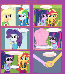 Size: 1808x2039 | Tagged: safe, artist:thomaszoey3000, applejack, fluttershy, rainbow dash, rarity, sci-twi, sunset shimmer, twilight sparkle, human, comic:a shimmering twilight, equestria girls, equestria girls series, g4, clothes, glasses, holding hands, implied lesbian, implied scitwishimmer, implied shipping, lockers