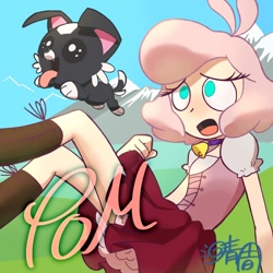 Size: 1000x1000 | Tagged: safe, artist:fine_hamachi, part of a set, pom (tfh), dog, human, them's fightin' herds, adorapom, community related, cute, duo, eared humanization, humanized, no pupils, open mouth, puppy, tongue out