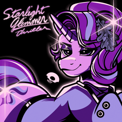 Size: 2400x2400 | Tagged: safe, artist:poxy_boxy, starlight glimmer, pony, unicorn, g4, album parody, black background, female, high res, lidded eyes, limited palette, mare, michael jackson, name, simple background, smiling, solo, thriller