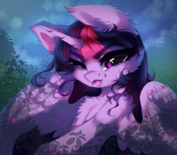 Size: 4000x3500 | Tagged: safe, artist:moonstarshining, twilight sparkle, alicorn, pony, g4, :p, chest fluff, cute, ear fluff, eye clipping through hair, eyebrows, eyebrows visible through hair, female, high res, horn, looking at you, mare, one eye closed, signature, solo, spread wings, tongue out, twiabetes, twilight sparkle (alicorn), wings, wink, winking at you