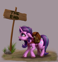 Size: 1024x1095 | Tagged: safe, artist:zetamad, starlight glimmer, pony, unicorn, g4, atg 2023, backpack, bag, female, grass, gray background, messy mane, mud, muddy, nervous, newbie artist training grounds, rock, sign, simple background, solo, the end