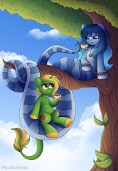 Size: 4800x6982 | Tagged: safe, artist:madelinne, oc, oc only, oc:opal brona, oc:pitch pine, lamia, original species, cloud, cup, duo, leonine tail, sky, tail, teacup, tree, tree branch