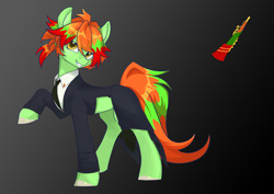 Size: 3508x2480 | Tagged: safe, artist:3080ktv, oc, oc only, oc:levi, earth pony, pony, clothes, gradient background, high res, male, necktie, raised hoof, solo, suit