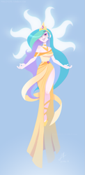 Size: 665x1363 | Tagged: safe, artist:psicoyote, princess celestia, human, g4, clothes, dress, female, hair over one eye, humanized, simple background, smiling, solo