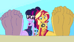 Size: 640x360 | Tagged: safe, artist:a giant woman, flash sentry, sci-twi, sunset shimmer, timber spruce, twilight sparkle, human, equestria girls, g4, animated, clothes, feet, female, fetish, foot fetish, gif, growth, larger female, male, micro, shrinking, size difference, smaller male, soles, swimsuit