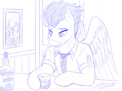 Size: 1024x768 | Tagged: safe, artist:novaintellus, soarin', pegasus, semi-anthro, g4, alcohol, arm hooves, bottle, clothes, glasses, handsome, male, monochrome, necktie, sexy, sketch, solo, stallion, stupid sexy soarin', uniform, whiskey, wonderbolts dress uniform