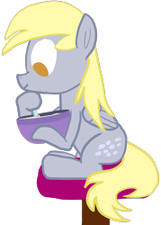 Size: 2080x2909 | Tagged: safe, artist:wissle, derpy hooves, pegasus, pony, g4, atg 2023, baking, bowl, dough, female, happy, high res, looking down, mare, mixing bowl, newbie artist training grounds, simple background, sitting, solo, spoon, stirring, stool, transparent background