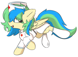 Size: 2020x1488 | Tagged: safe, artist:hcl, oc, oc only, oc:hcl, pegasus, pony, clothes, nurse, nurse outfit, simple background, socks, solo, thigh highs, white background