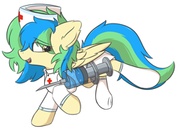 Size: 2020x1488 | Tagged: safe, alternate version, artist:hcl, oc, oc only, oc:hcl, pegasus, pony, nurse, simple background, solo, syringe, white background