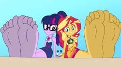 Size: 1440x810 | Tagged: safe, artist:a giant woman, edit, flash sentry, sci-twi, sunset shimmer, timber spruce, twilight sparkle, human, equestria girls, g4, barefoot, clothes, duo focus, eyes closed, feet, female, fetish, foot fetish, foot focus, giantess, larger female, macro, male, no shading, size difference, smaller male, soles, swimsuit, wiggling toes