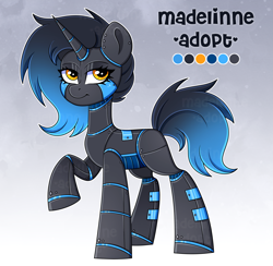 Size: 4093x4000 | Tagged: safe, artist:madelinne, oc, oc only, pony, robot, robot pony, unicorn, adoptable, adoptable open, gradient background, horn, reference sheet, solo, unicorn oc