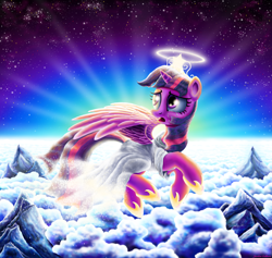 Size: 2424x2298 | Tagged: safe, artist:jac59col, twilight sparkle, alicorn, angel, pony, g4, big crown thingy, cloud, crying, element of magic, flying, halo, heaven, high res, jewelry, mortal twilight, mountain, regalia, sky, stars, twilight sparkle (alicorn)