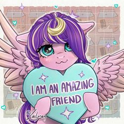 Size: 800x800 | Tagged: safe, artist:lailyren, oc, oc:star silk, pegasus, pony, chocolate, chocolate milk, female, heart, heart eyes, heart pillow, looking at you, mare, milk, pillow, solo, wingding eyes