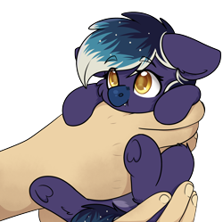 Size: 2148x2136 | Tagged: safe, artist:rokosmith26, oc, oc:blueberry moon, bat pony, pony, blueberry snoot, cheek fluff, commission, cute, fangs, female, floppy ears, hand, high res, holding, holding a pony, in goliath's palm, looking up, mare, simple background, size difference, solo, transparent background, underhoof, ych example, your character here