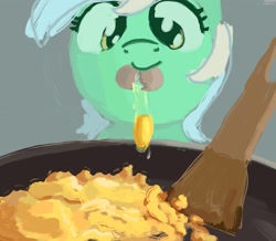 Size: 1951x1700 | Tagged: safe, artist:mandumustbasukanemen, lyra heartstrings, pony, unicorn, g4, atg 2023, egg (food), female, food, gray background, looking at something, looking down, mare, mouth hold, newbie artist training grounds, scrambled eggs, simple background, solo
