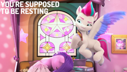 Size: 2000x1125 | Tagged: safe, edit, edited screencap, editor:quoterific, screencap, pipp petals, zipp storm, pegasus, pony, a little horse, g5, my little pony: make your mark, my little pony: make your mark chapter 4, spoiler:g5, spoiler:my little pony: make your mark, spoiler:my little pony: make your mark chapter 4, spoiler:mymc04e06, book, cellphone, crystal brighthouse, dialogue, duo, female, mare, phone, photo, royal sisters (g5), siblings, sisters, smartphone, stained glass