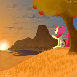 Size: 1920x1920 | Tagged: safe, artist:lurfy, apple bloom, earth pony, pony, g4, apple, apple tree, atg 2023, female, filly, foal, mountain, newbie artist training grounds, scenery, solo, sunset, tree, water