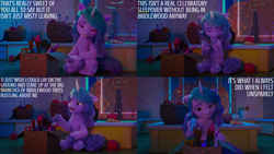 Size: 2000x1125 | Tagged: safe, edit, edited screencap, editor:quoterific, screencap, izzy moonbow, pony, unicorn, g5, my little pony: make your mark, my little pony: make your mark chapter 2, the traditional unicorn sleep-over, spoiler:g5, bracelet, comic, crystal brighthouse, dialogue, female, friendship bracelet, hoof hold, izzy moodbow, jewelry, magnetic hooves, mare, sad, screencap comic, solo, unshorn fetlocks