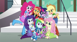 Size: 1920x1049 | Tagged: safe, screencap, applejack, fluttershy, pinkie pie, rainbow dash, rarity, sci-twi, spike, spike the regular dog, sunset shimmer, twilight sparkle, dog, human, equestria girls, g4, my little pony equestria girls: friendship games, adjusting glasses, applejack's hat, boots, bracelet, canterlot high, clothes, collar, cowboy boots, cowboy hat, crystal prep academy uniform, denim, denim skirt, eyeshadow, glasses, grin, hair bun, hairclip, hat, humane five, humane seven, humane six, jacket, jewelry, kneeling, lidded eyes, looking at you, makeup, necktie, nervous, odd one out, posing for photo, right there in front of me, school tie, school uniform, schoolgirl, shading, shirt, shoes, shorts, sitting, skirt, smiling, smiling at you, spiked collar, stairs, stetson, tank top
