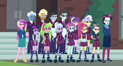 Size: 1920x1047 | Tagged: safe, screencap, dean cadance, indigo zap, jet set, lemon zest, neon lights, pokey pierce, princess cadance, principal abacus cinch, rising star, sci-twi, sour sweet, sugarcoat, sunny flare, suri polomare, trenderhoof, twilight sparkle, upper crust, human, equestria girls, g4, my little pony equestria girls: friendship games, bowtie, clasped hands, clothes, crystal prep academy uniform, eyeshadow, freckles, frown, glasses, hair bun, hand on hip, hands behind back, headband, headphones, jacket, leggings, lipstick, makeup, necktie, nervous, pigtails, plaid skirt, posing for photo, right there in front of me, school tie, school uniform, schoolgirl, shoes, skirt, sneakers, socks, stairs, standing, sunglasses, tights, twintails, vest