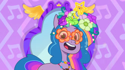 Size: 3072x1727 | Tagged: safe, screencap, izzy moonbow, pony, unicorn, bridlewoodstock (tell your tale), g5, my little pony: tell your tale, spoiler:g5, spoiler:my little pony: tell your tale, spoiler:tyts01e55, female, glasses, mare, open mouth, open smile, smiling, solo